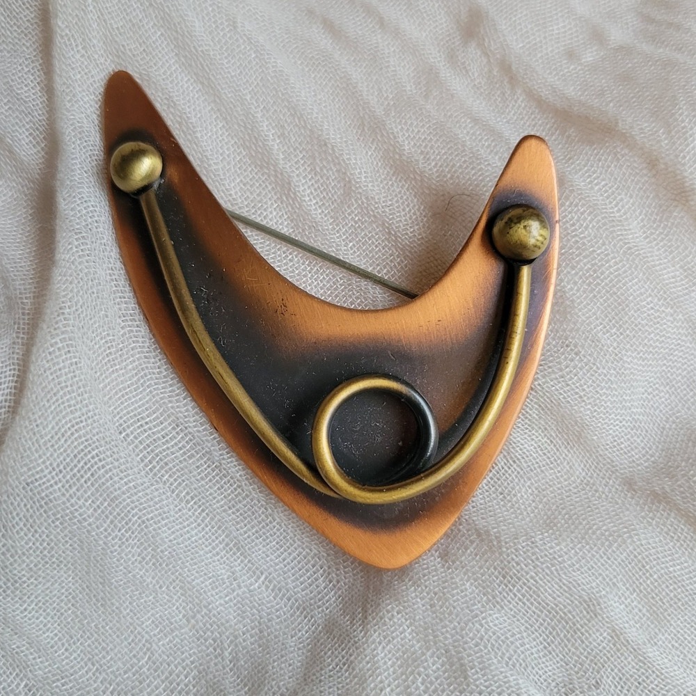 Vintage 1950s Atomic Boomerang Brooch Copper Brass MCM Modernist Pin